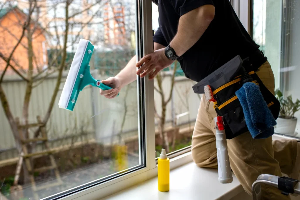 Cleaner wiping large interior window with squeegee tool