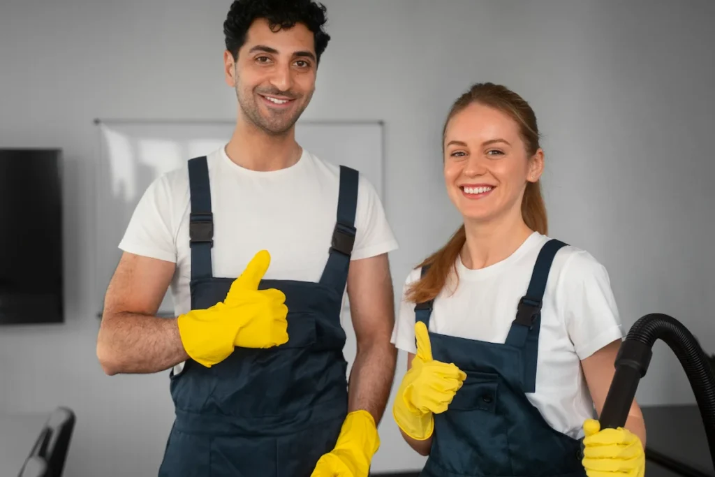 Smiling male and female professional cleaners in uniform giving thumbs up.