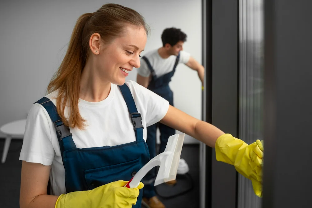 Professional female cleaner smiling while wiping a glass surface with a squeegee.