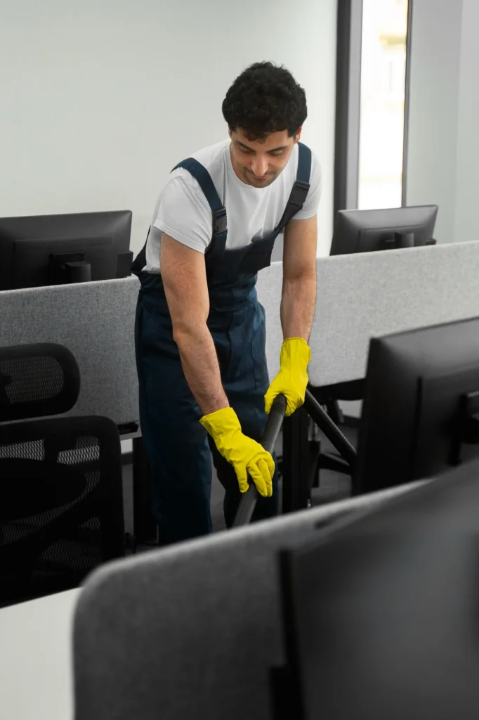 Professional male cleaner vacuuming an office floor in a modern workspace.