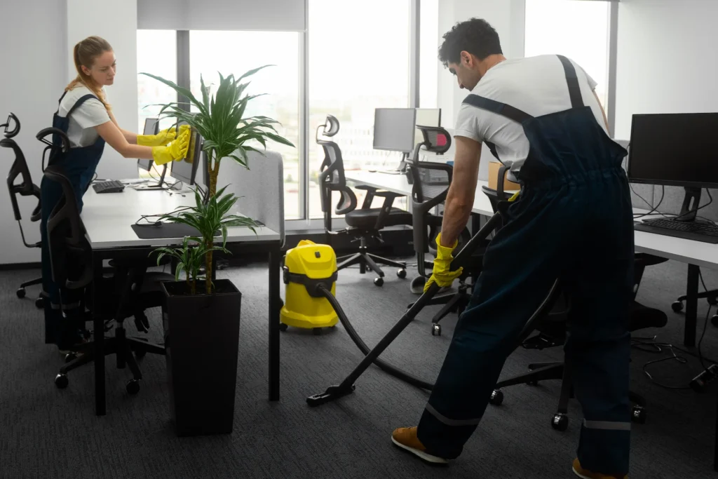 Male cleaner vacuuming carpet in a modern office, contributing to workplace hygiene.