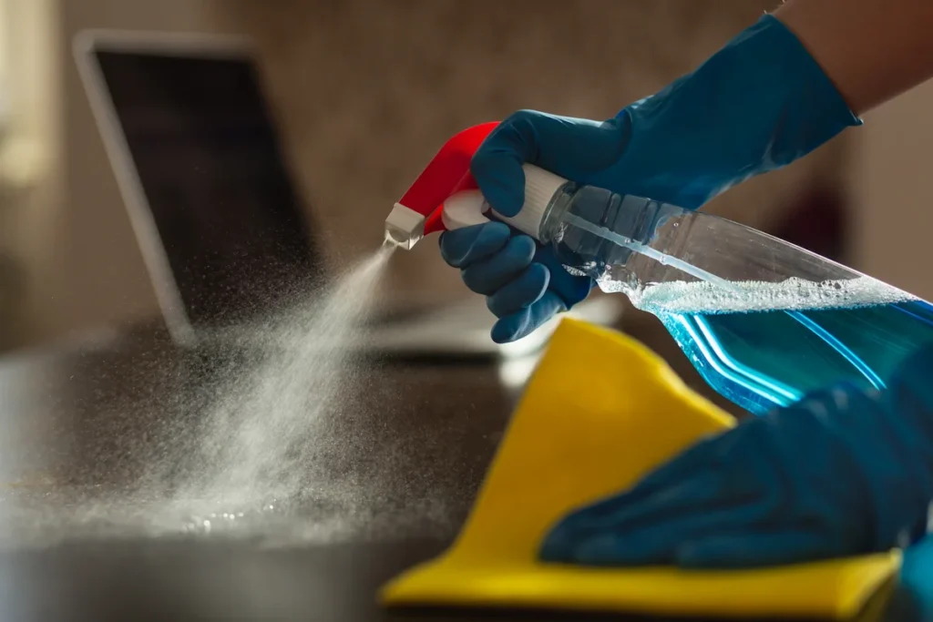 Disinfectant spray bottle used on office desk for sanitization