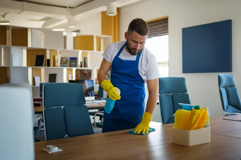 Professional male cleaner in apron and gloves sanitizing an office desk in a modern workspace.